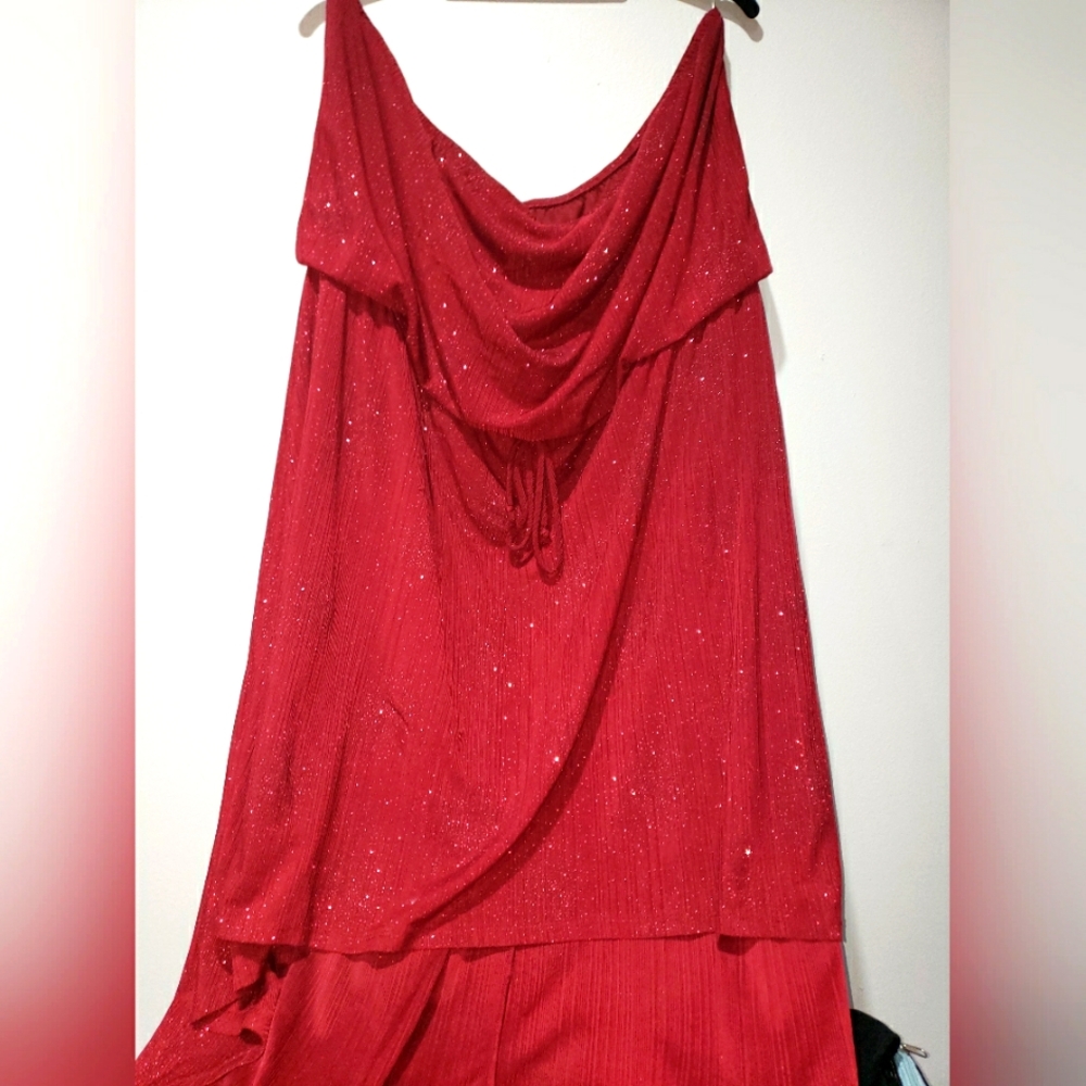 ✨🎅🏾🎄💲🖐🏾☀️🏖DOTS WOMEN'S STRAPLESS 3X BURGUNDY SPARKLY HI-LO COCKTAIL DRESS